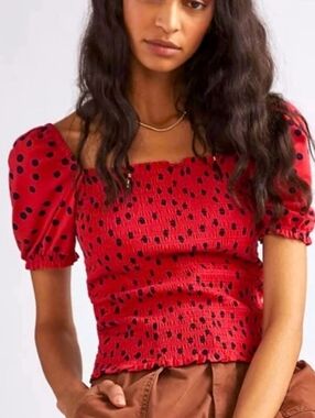 Dolan Red Polka Dot Smocked Puff Sleeve Top